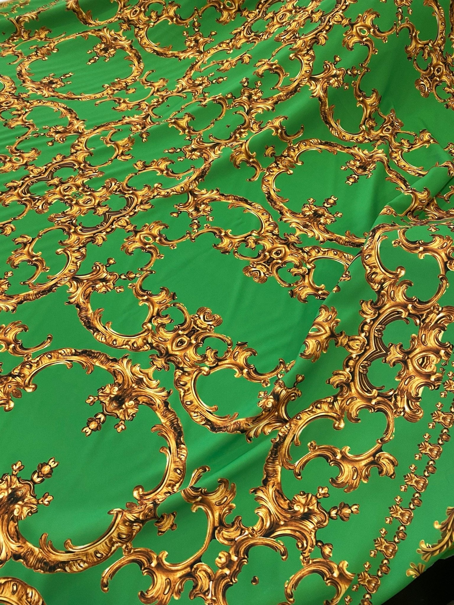 Baroque Print Silky Crepe Fabric, Green Gold Fabric - Whotex