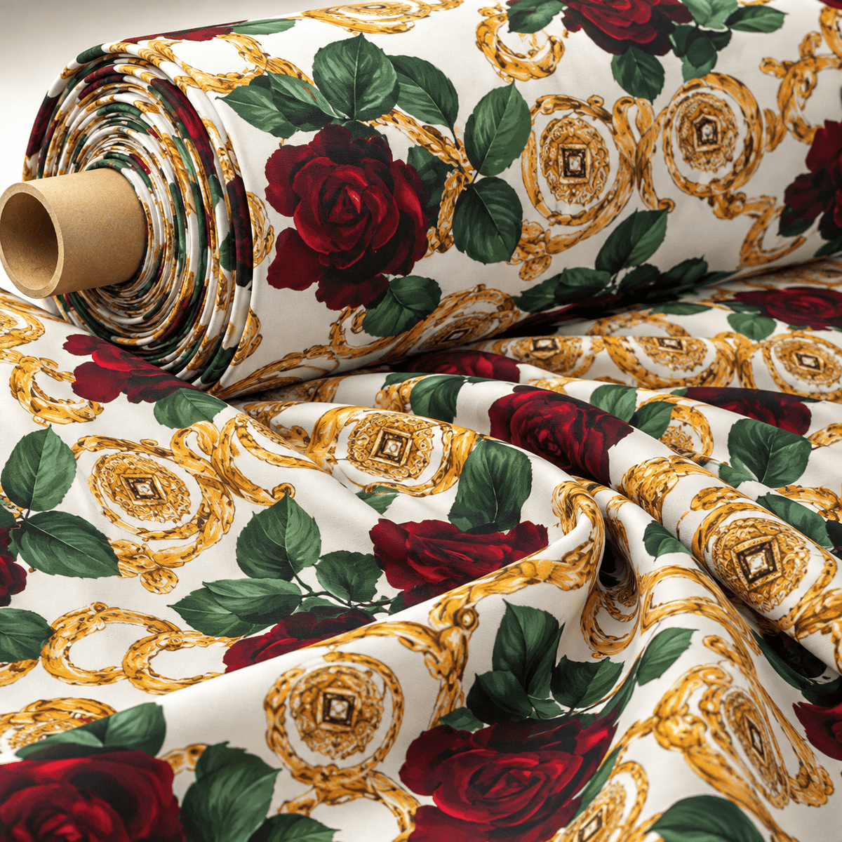 Baroque Rose Print Lycra Stretch Fabric by the Metre - Whotex Fabrics London