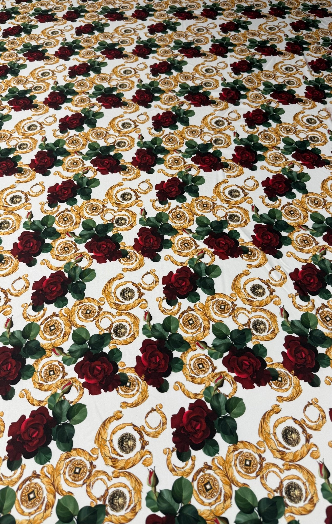 Baroque Rose Print Spandex Fabric by the Metre - Whotex Fabrics London