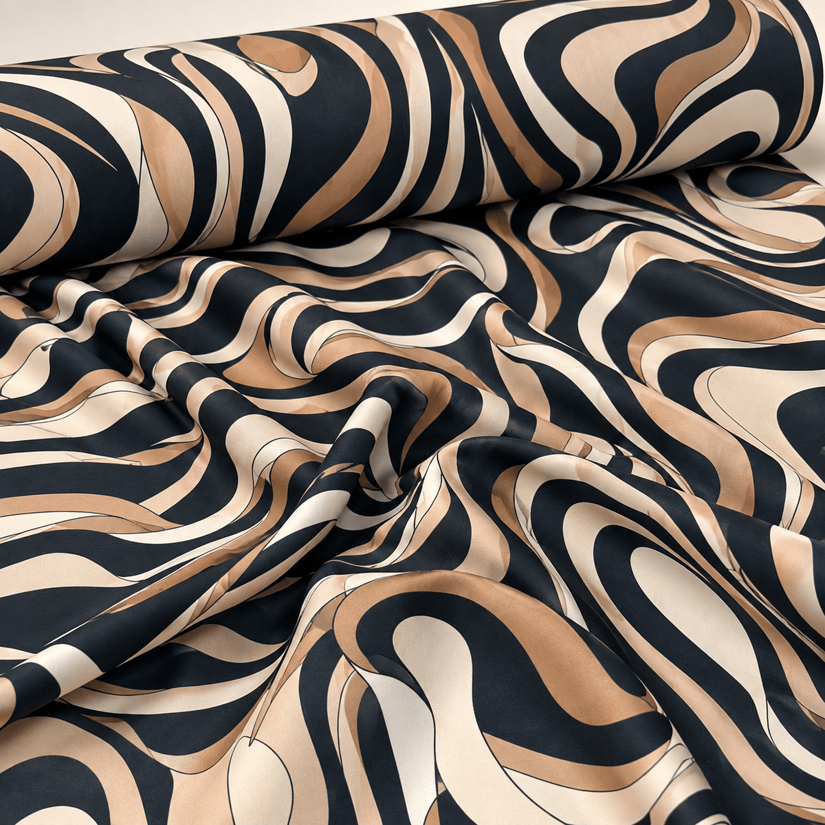 Beige Black Abstract Wave Stretch Scuba Fabric by the Metre - Whotex Fabrics London