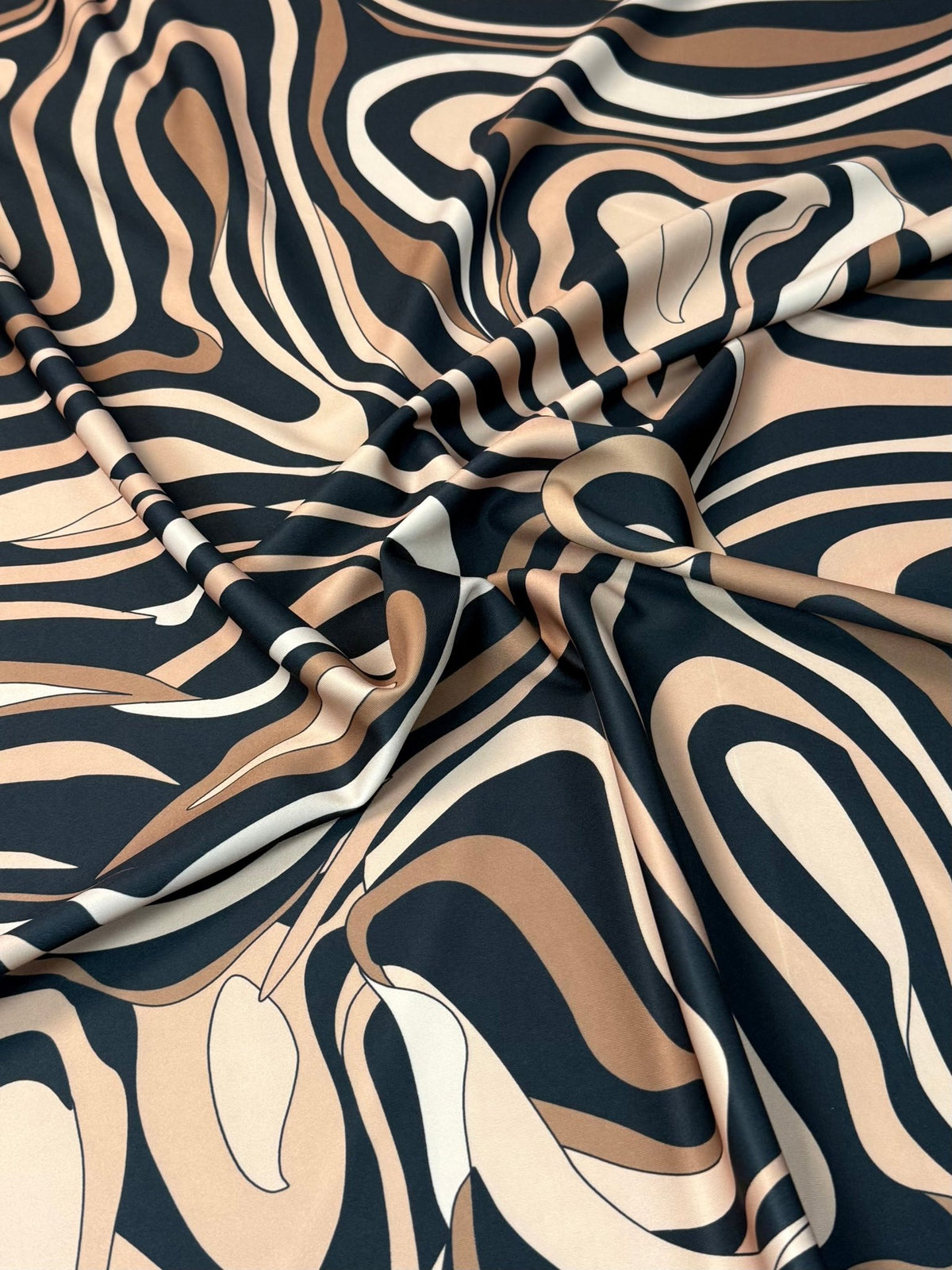 Beige Black Abstract Wave Stretch Scuba Fabric by the Metre - Whotex Fabrics London
