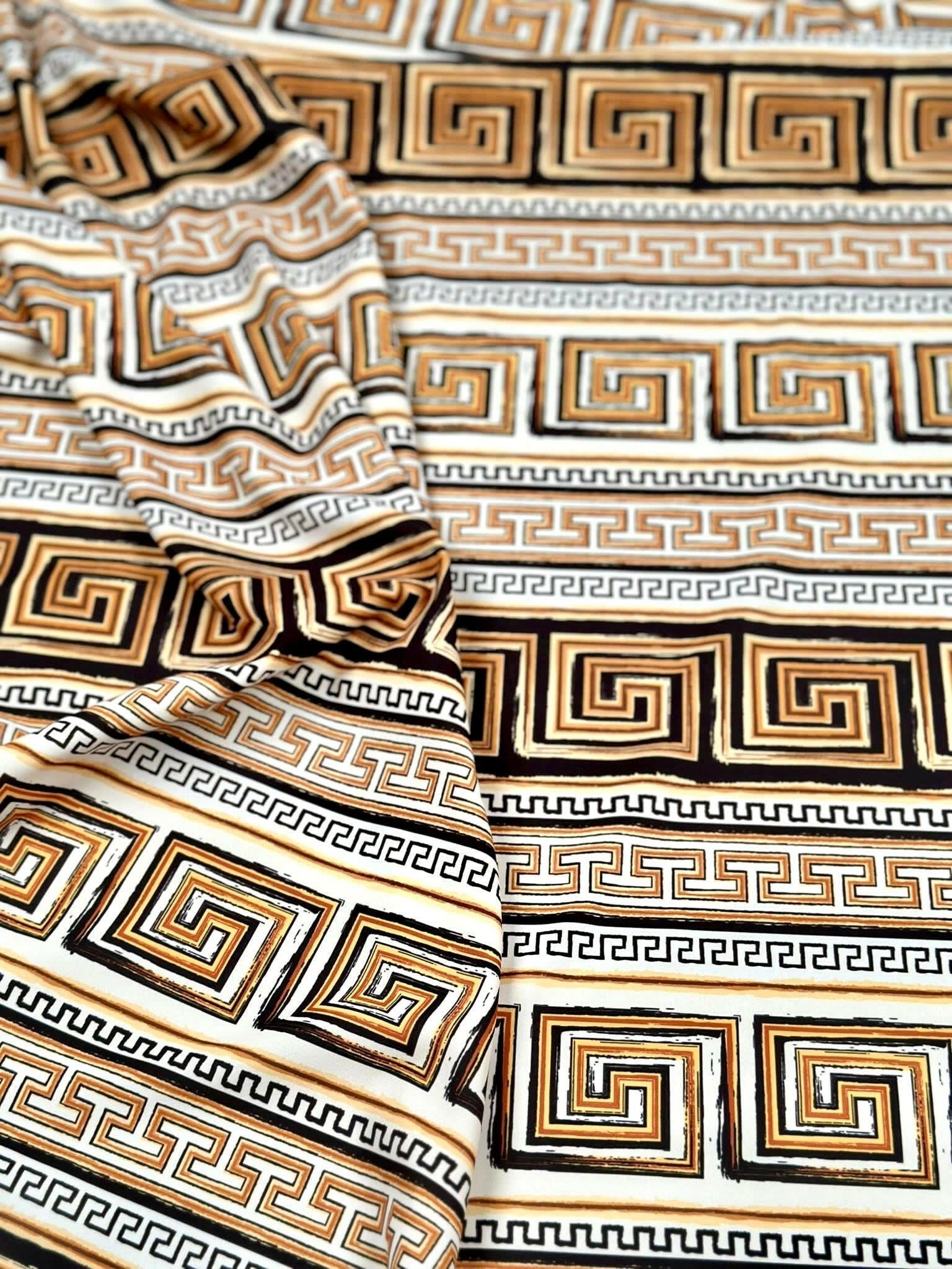 Beige Brown Crepe Silky Fabric, Greek Key Pattern Fabric , , - Whotex