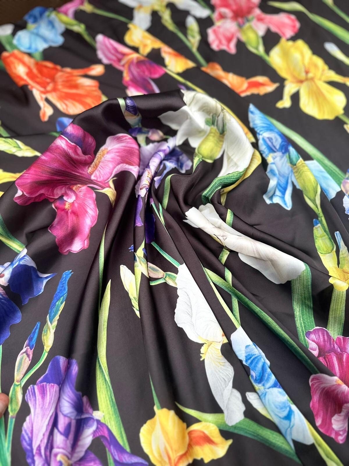 Big Floral Pattern Fabric, Multicolor Flowers Pattern Black backround Fabric - Whotex Online Fabric Store