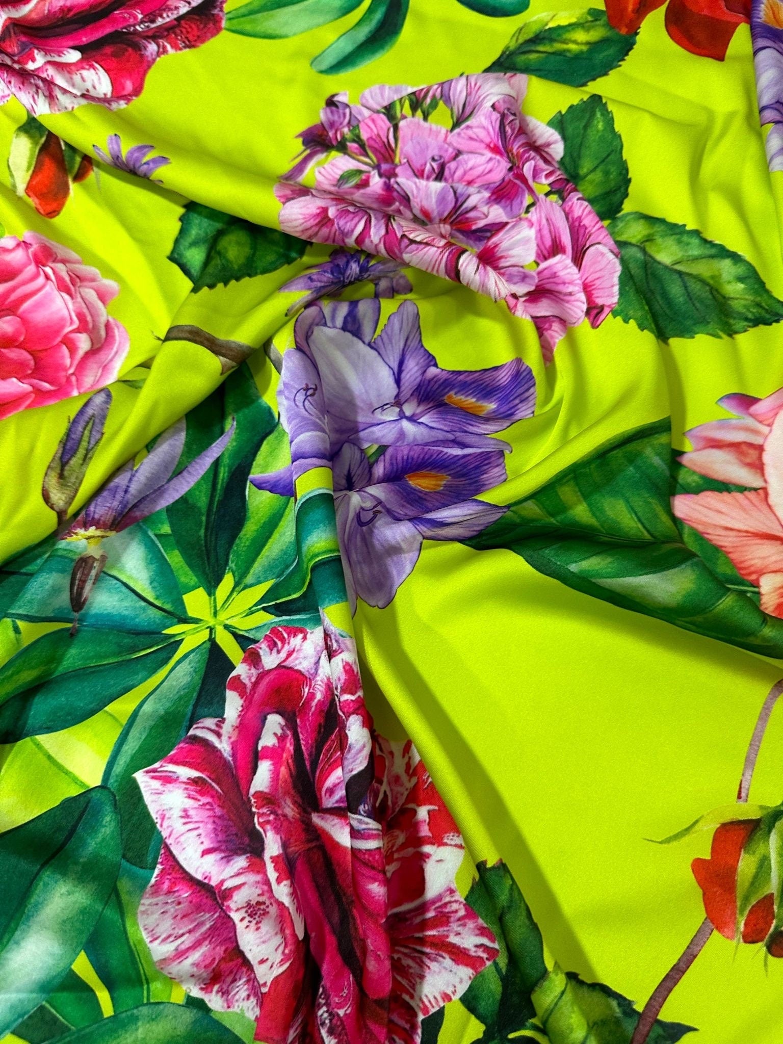 Big Floral Pattern Silky Satin Fabric, Rose pattern fabric, Neon Green fabric - Whotex