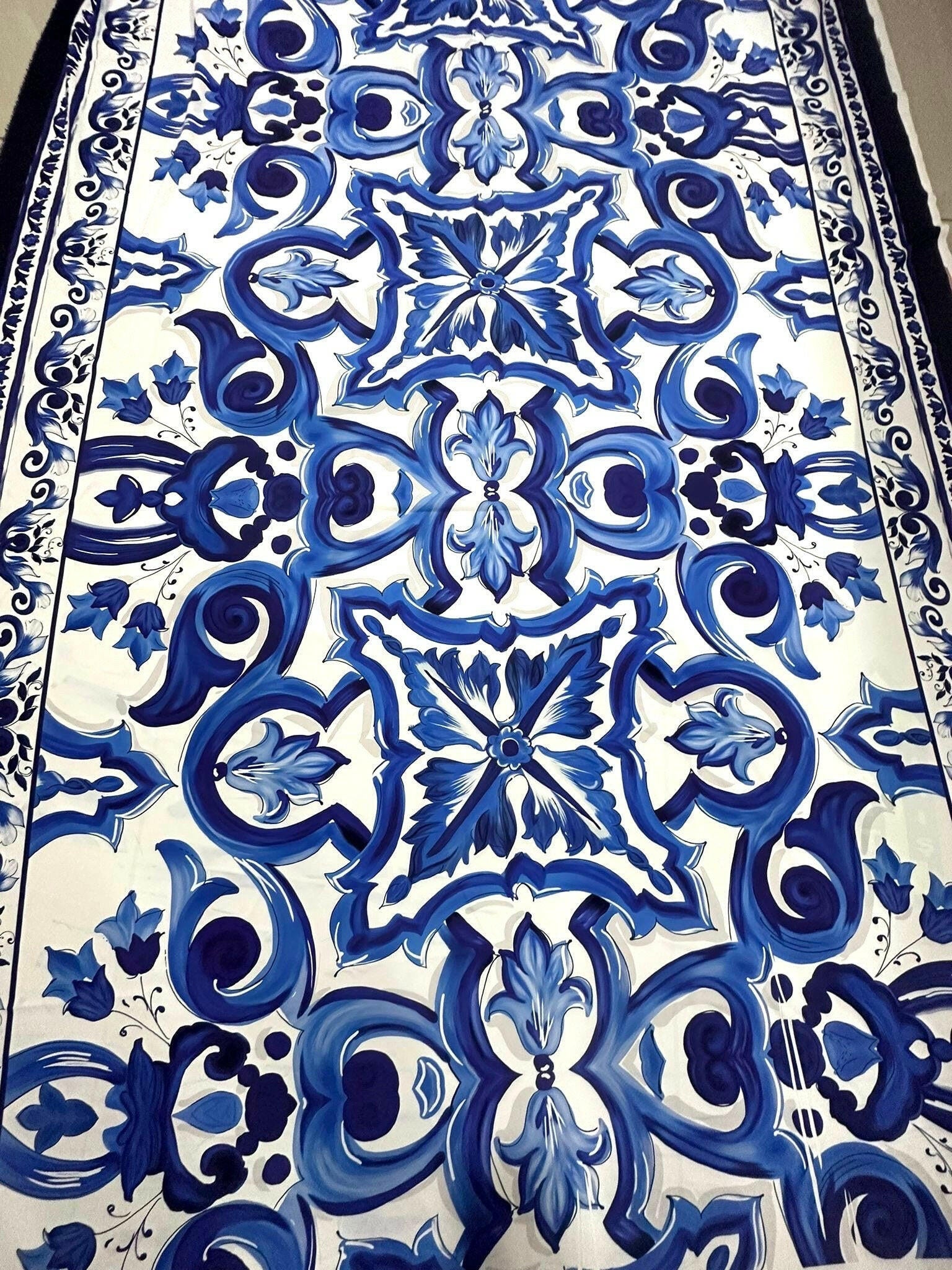 Big Majolica Pattern Fabric, Blue Sicilian print Silky Crepe Fabric , - Whotex