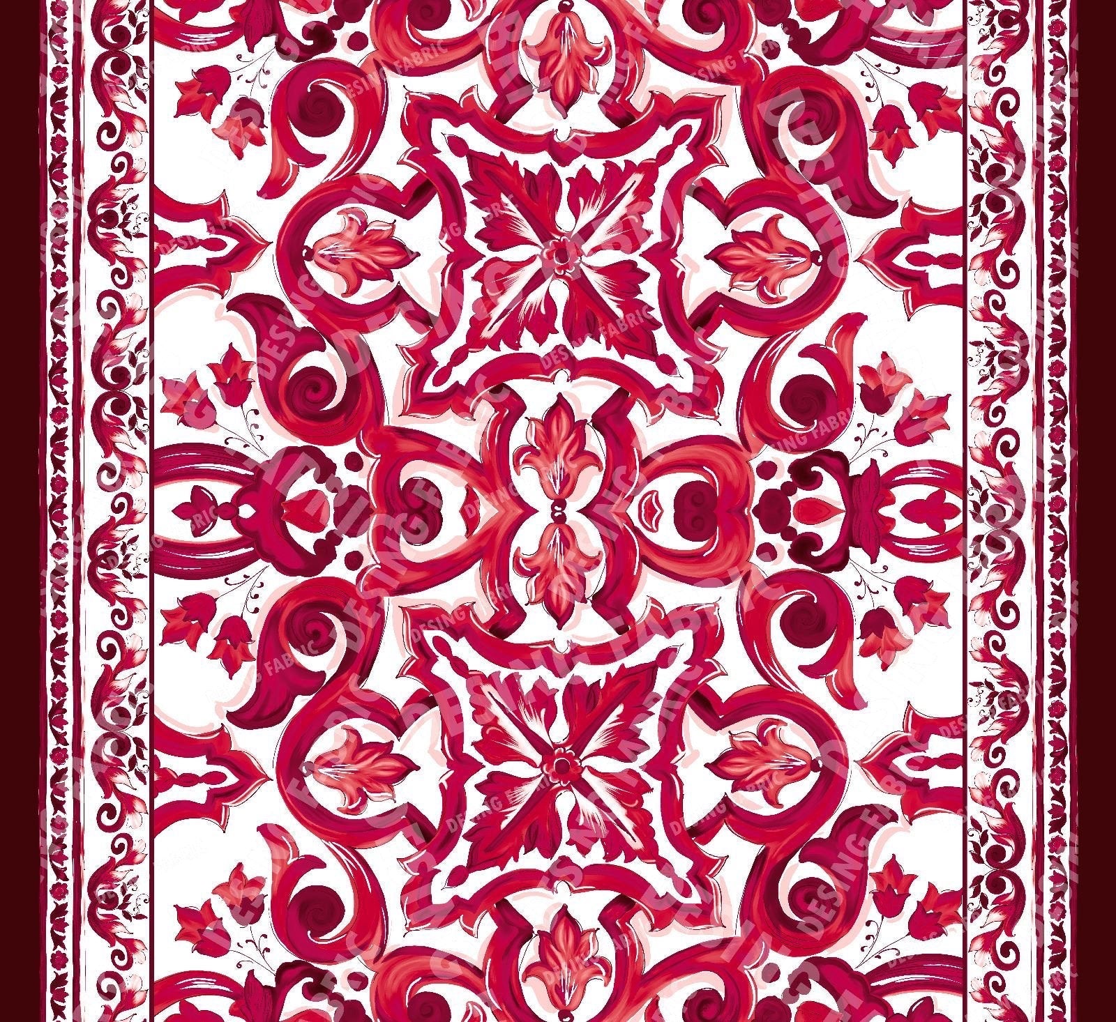 Big Majolica Pattern Fabric, Magenta Red Sicilian print Silky Crepe Fabric , - Whotex