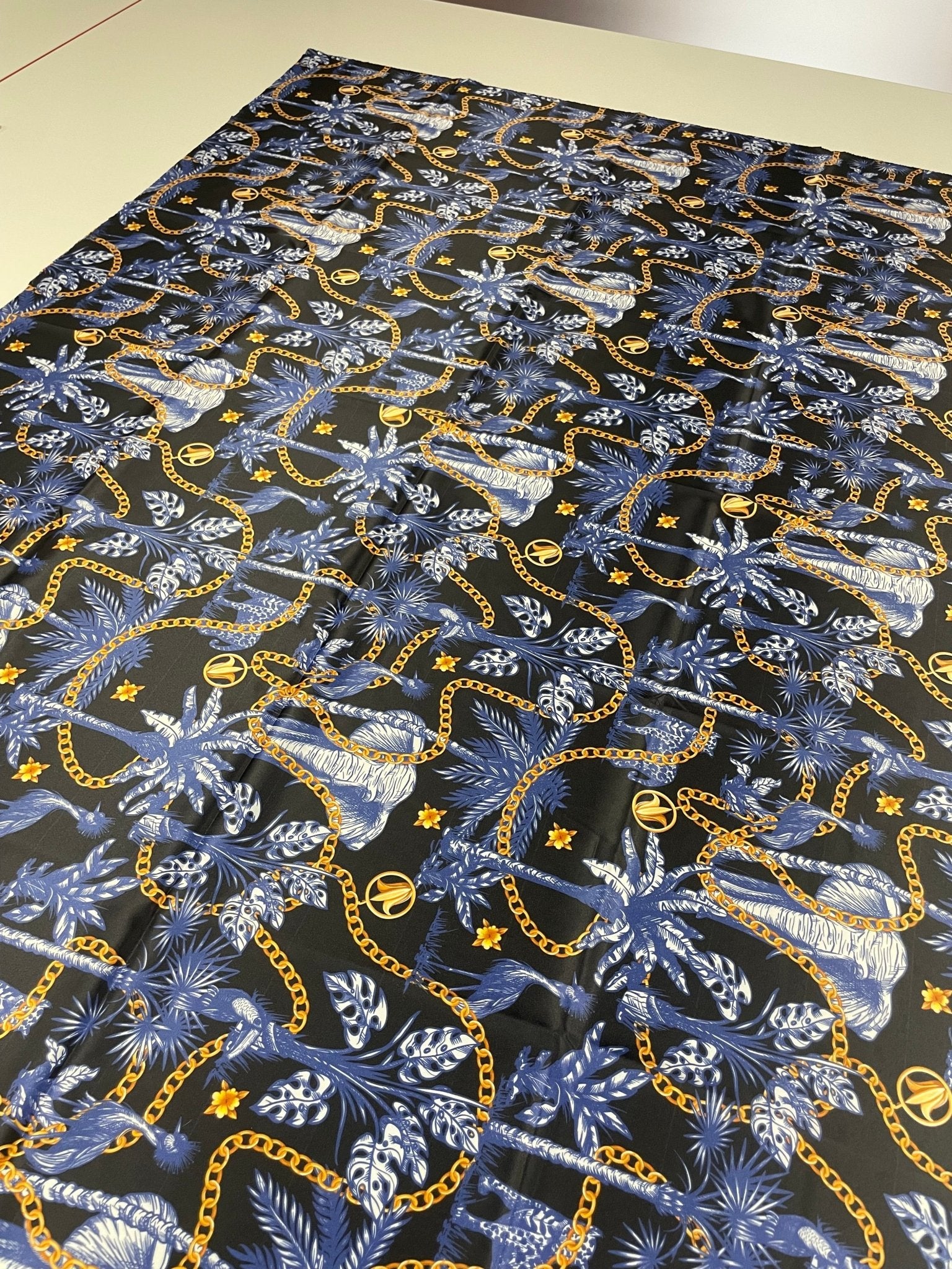 Black and Blue Tropical Fabric with Gold Chains – Exotic Jungle - Inspired Print - Whotex Online Fabric Store