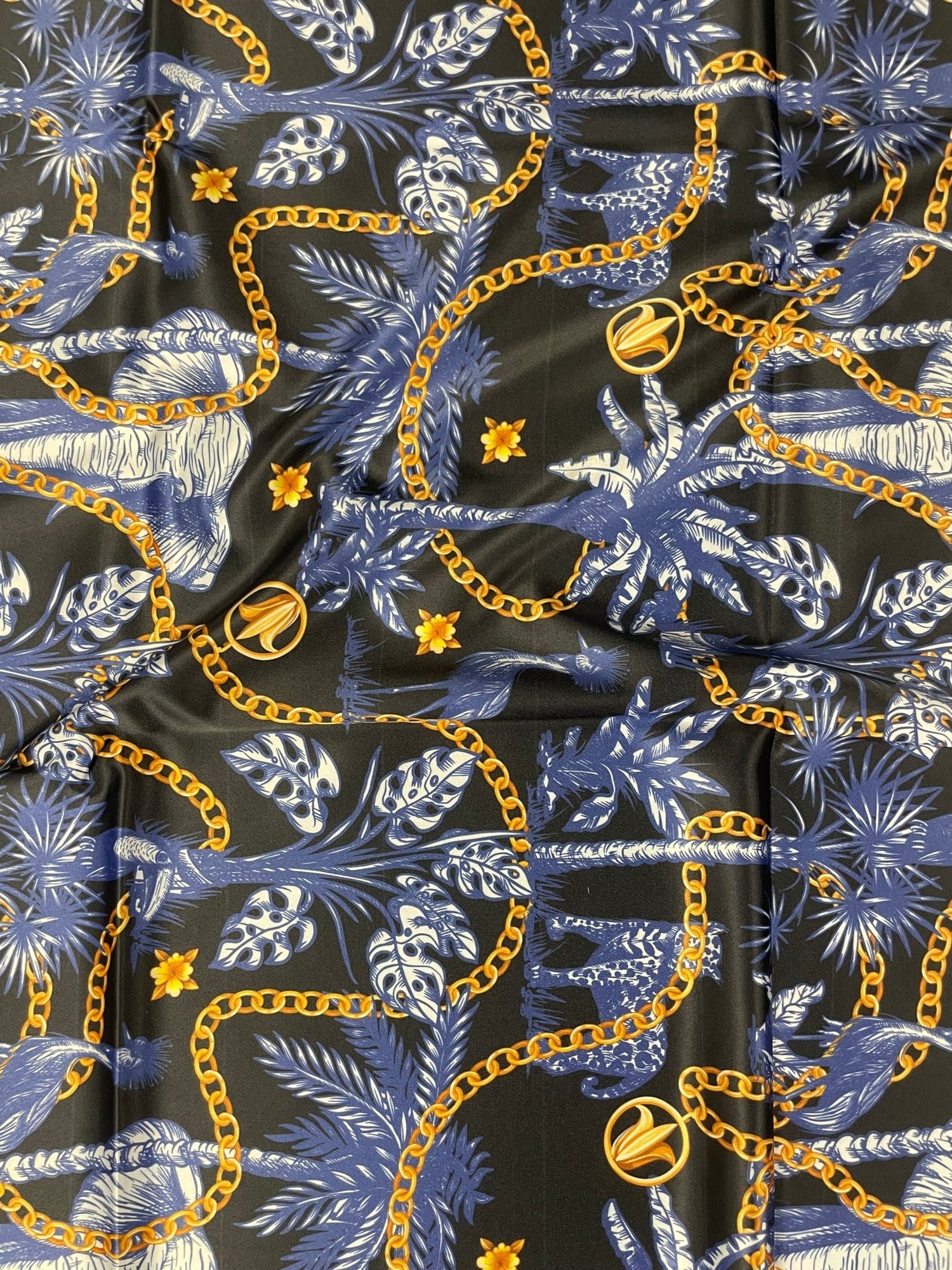 Black and Blue Tropical Fabric with Gold Chains – Exotic Jungle - Inspired Print - Whotex Online Fabric Store