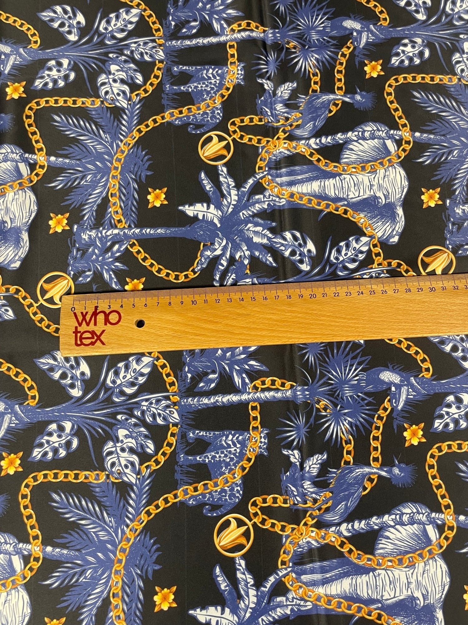 Black and Blue Tropical Fabric with Gold Chains – Exotic Jungle - Inspired Print - Whotex Online Fabric Store