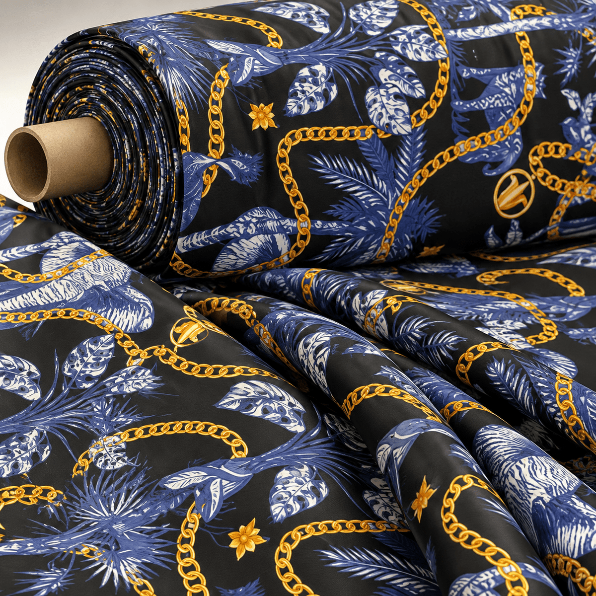 Black and Blue Tropical Fabric with Gold Chains Fabric by Metre - Whotex Fabrics London