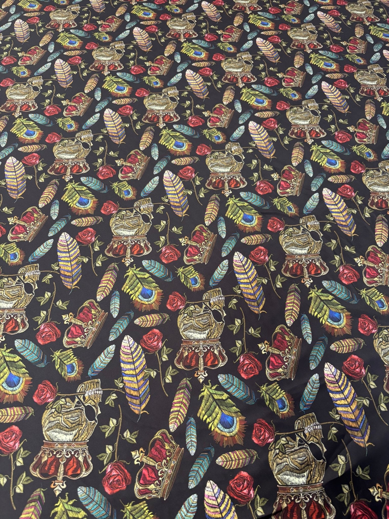 Black Chiffon Satin Fabric by the Metre – Gothic Crown Roses Feathers - Whotex Online Fabric Store