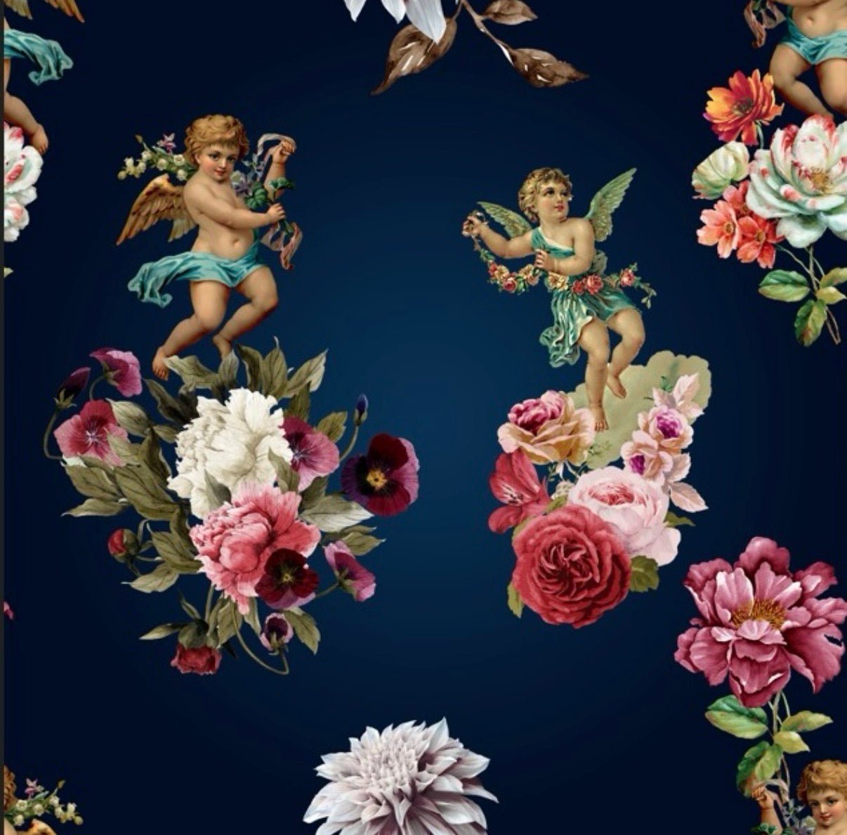 Black Floral Fabric with Angel Detail – Elegant Print - Whotex Fabrics London