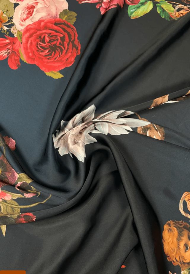 Black Floral Fabric with Angel Detail – Elegant Print - Whotex Fabrics London