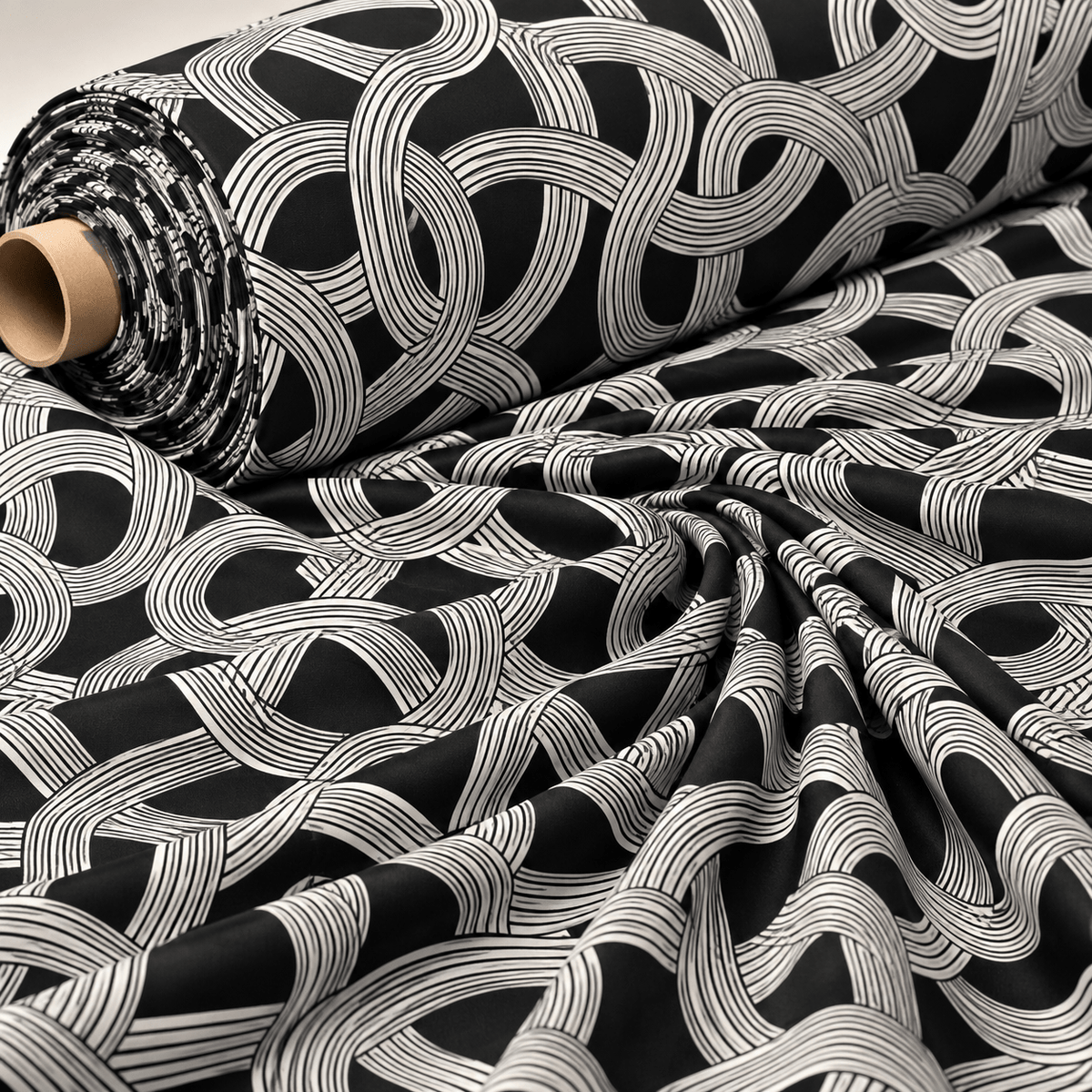 Black Geometric Pattern Fabric by the Metre - Whotex Fabrics London