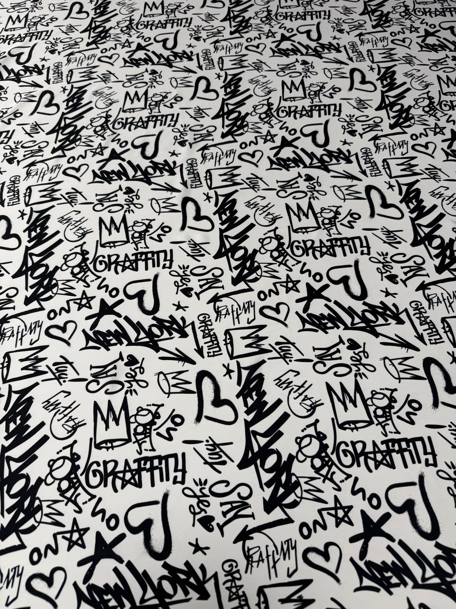 Black Graffiti Satin Fabric by the Metre - Whotex Fabrics London