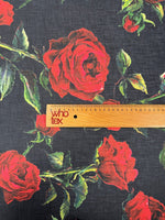 Black Rose Print Linen Fabric by the Metre - Whotex Fabrics London