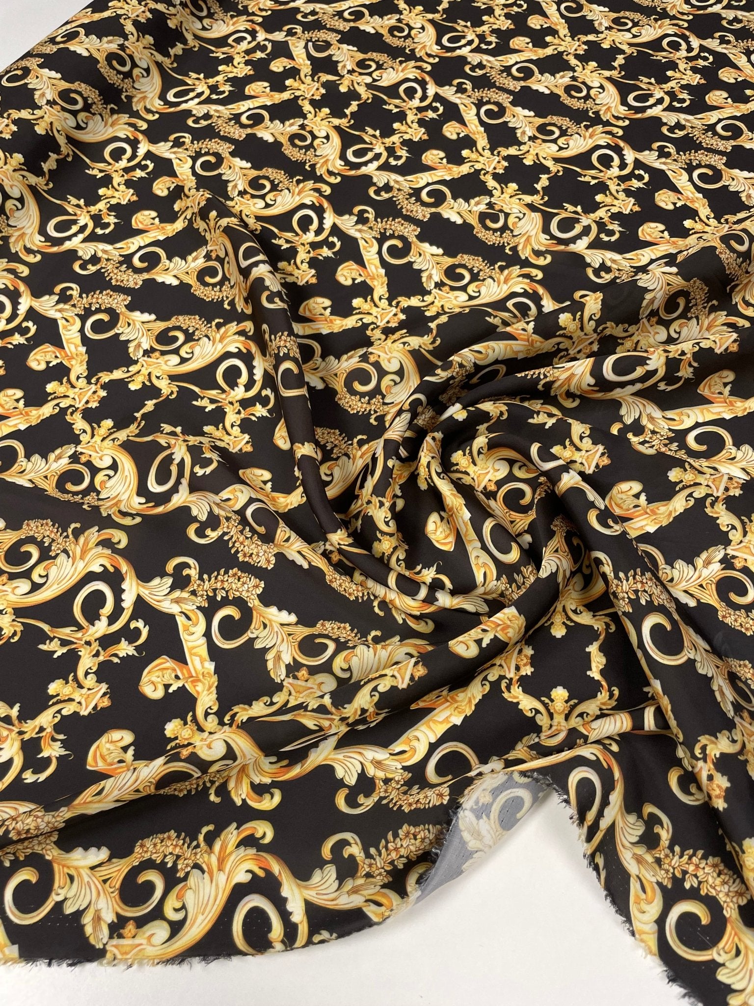 Black Satin Fabric with Gold Baroque Scroll Design - Whotex Fabrics London