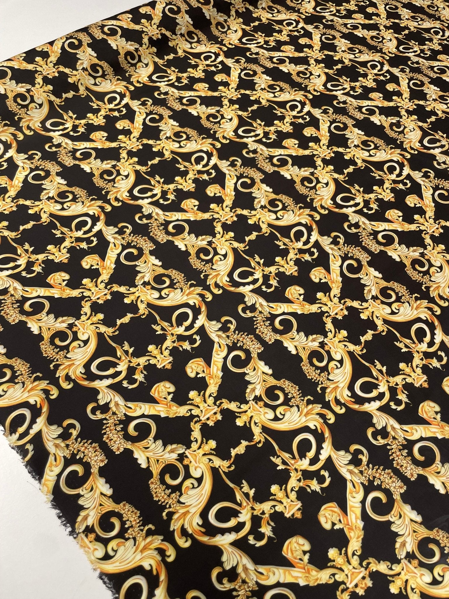 Black Satin Fabric with Gold Baroque Scroll Design - Whotex Fabrics London