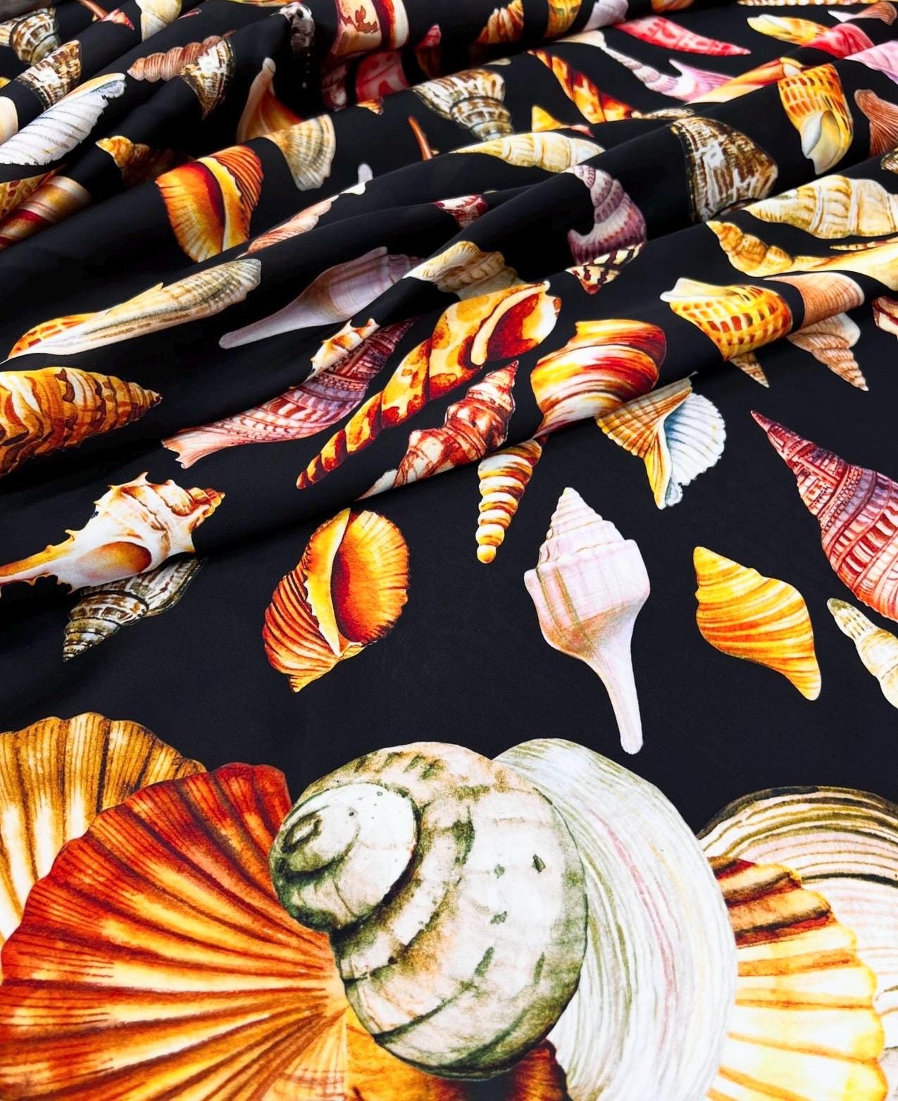 Black Sea Shell pattern Silky Crepe fabric, black fabric - Whotex