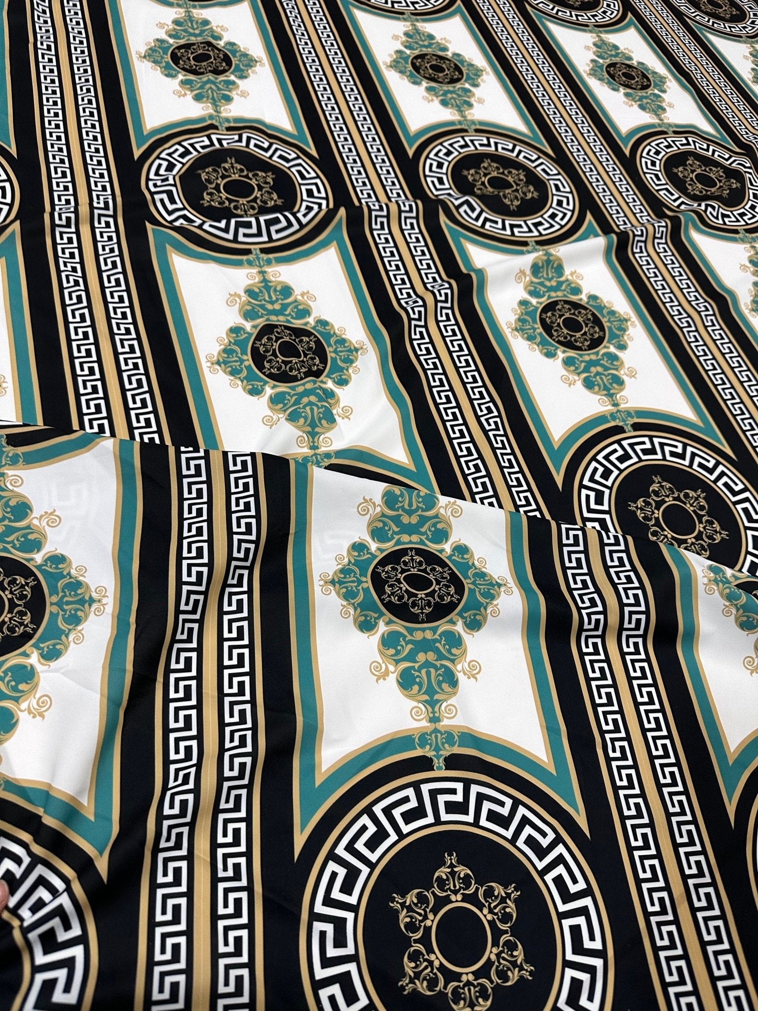 Black Silky Crepe Fabric, Greek Key Pattern Fabric , , Chain pattern - Whotex