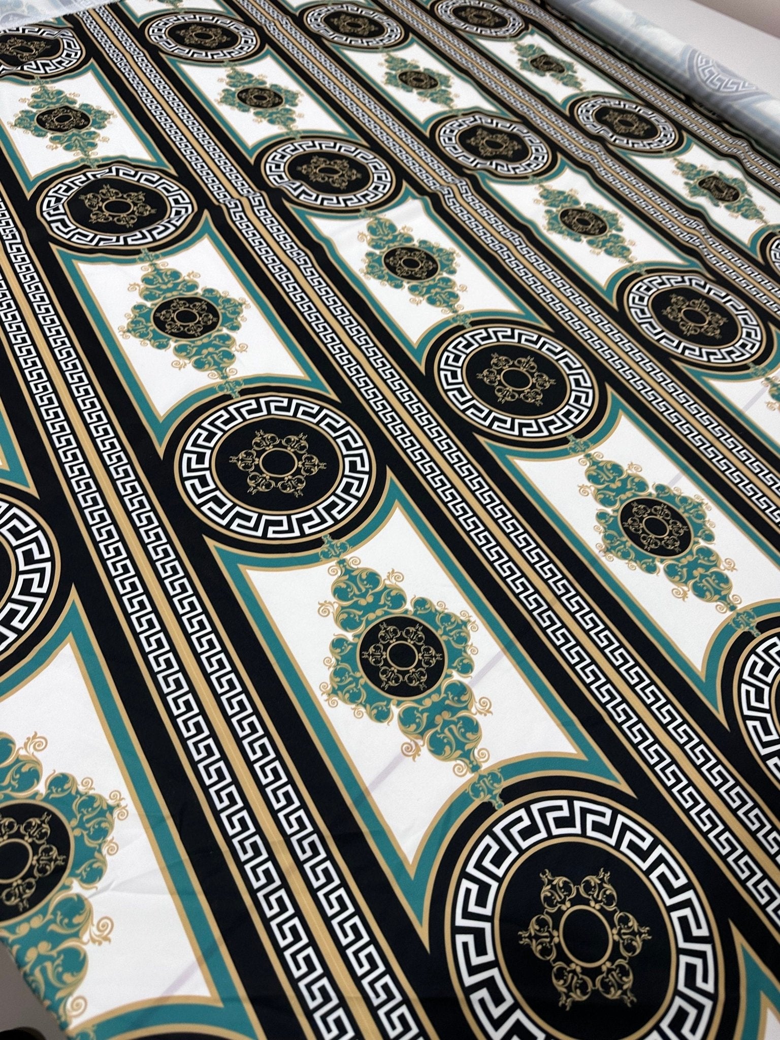 Black Silky Crepe Fabric, Greek Key Pattern Fabric , , Chain pattern - Whotex