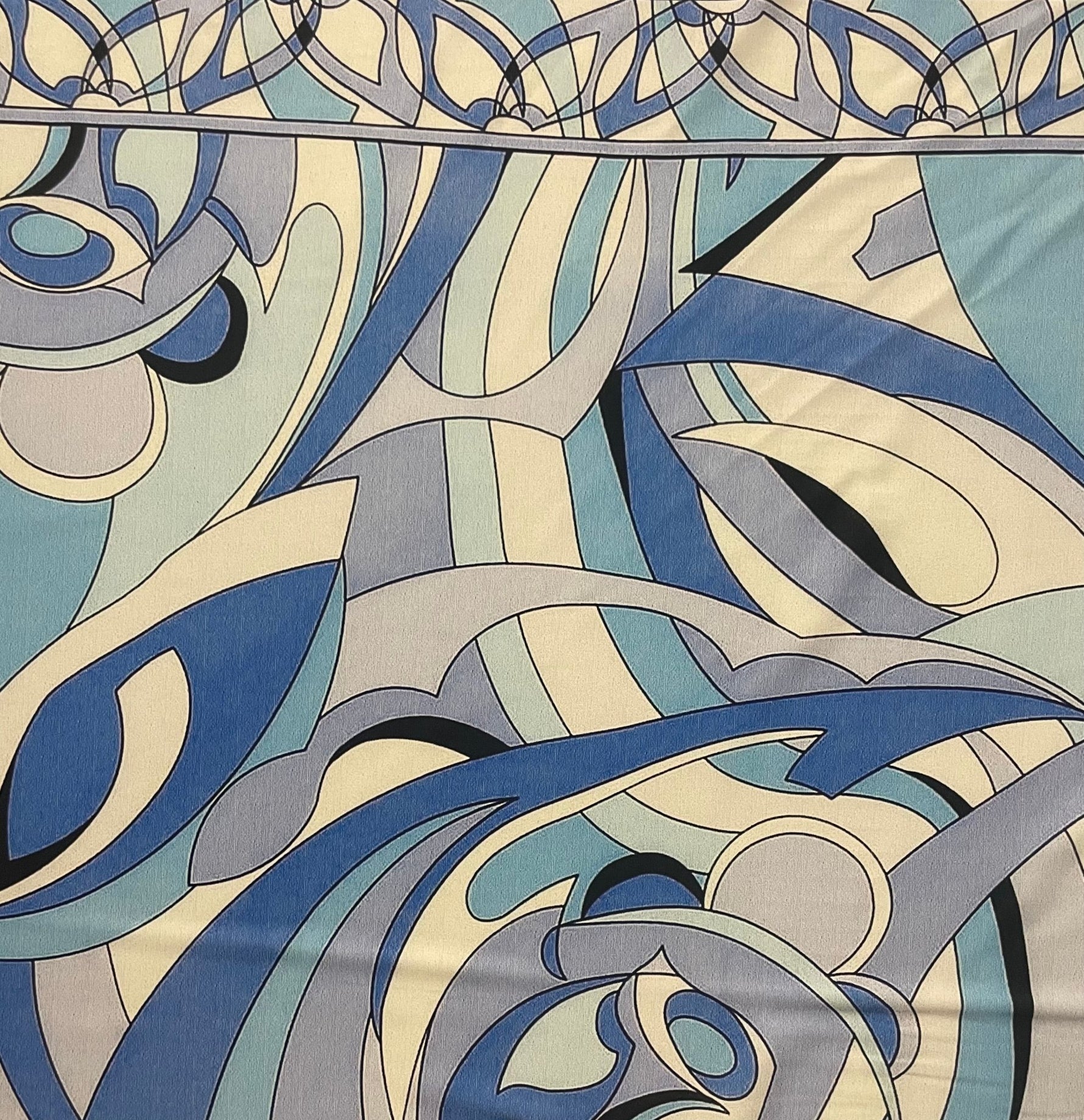 Blue Abstract Fabric – Retro Geometric Wave Print by the Metre - Whotex Fabrics London