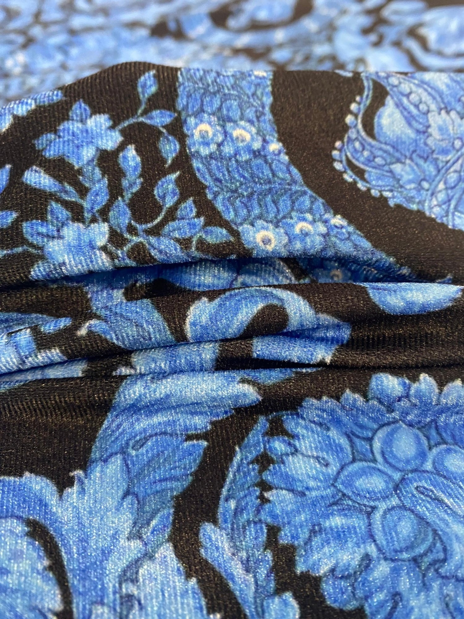 Blue Baroque Floral Fabric by the Metre - Whotex Fabrics London