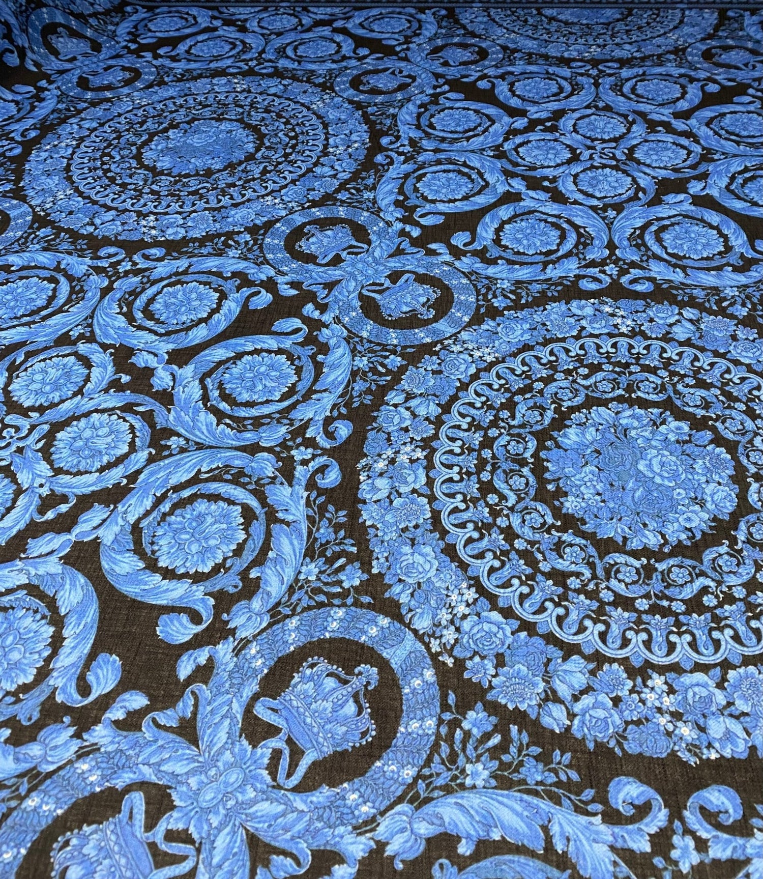 Blue Baroque Floral Linen Fabric by the Metre - Whotex Fabrics London
