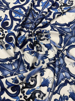 Blue Baroque Print Spandex Fabric by the Metre - Whotex Fabrics London