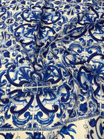 Blue Baroque Tile Moss Crepe Fabric by the Metre - Whotex Fabrics London