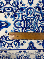 Blue Baroque Tile Print Lycra Stretch Fabric by the Metre - Whotex Fabrics London