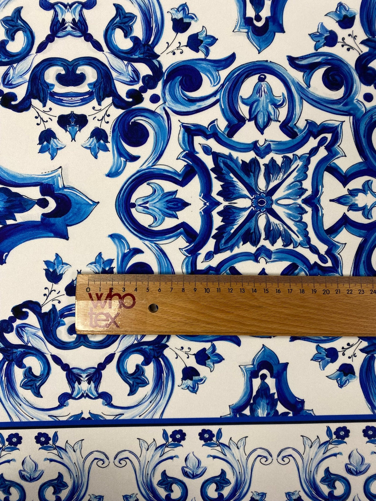 Blue Baroque Tile Print Lycra Stretch Fabric by the Metre - Whotex Fabrics London