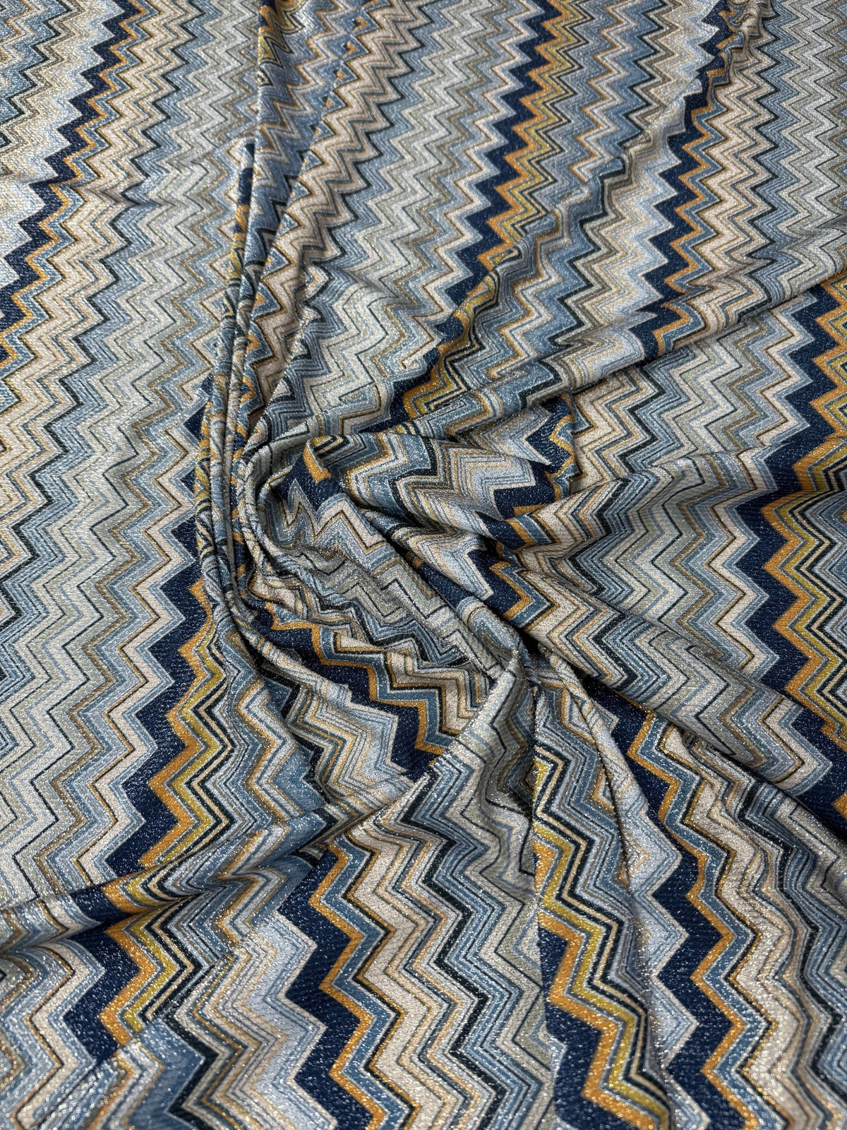 Blue & Bronze Zigzag Lurex Fabric with Metallic Shine - Whotex Fabrics London