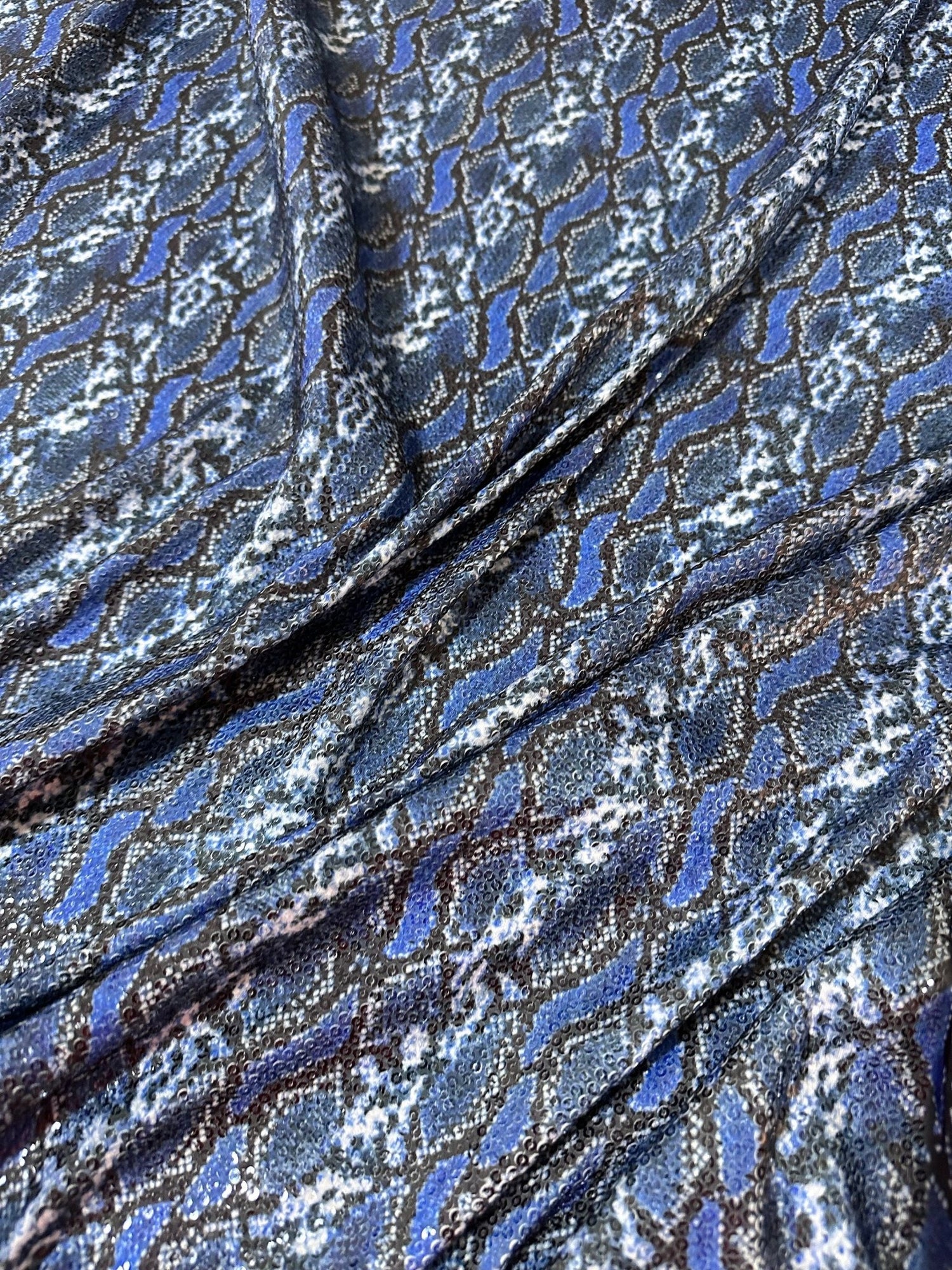 Blue Exotic Animal Sequin Fabric, 2 - Way Stretch Sequin Fabric By The Yard - Whotex Online Fabric Store