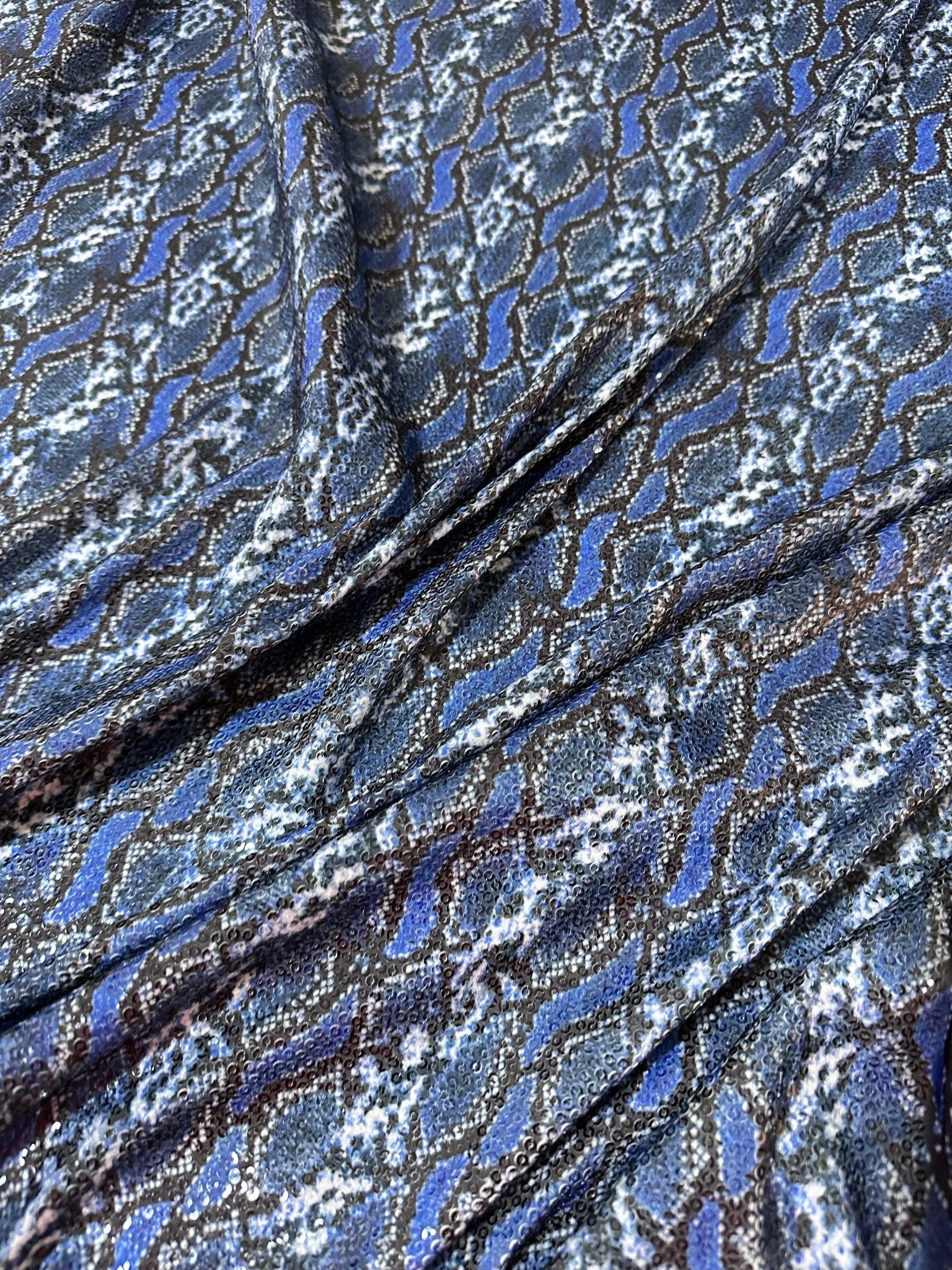 Blue Exotic Animal Sequin Fabric, 2 - Way Stretch Sequin Fabric By The Yard - Whotex Online Fabric Store