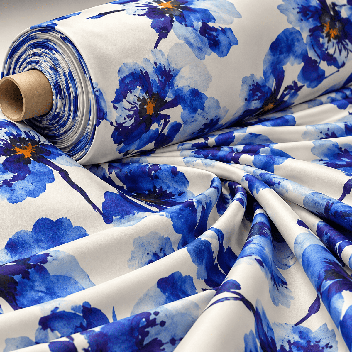 Blue Floral Lycra Satin Fabric by the Metre - Whotex Fabrics London