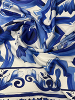 Blue Floral Satin Fabric by the Metre - Whotex Fabrics London