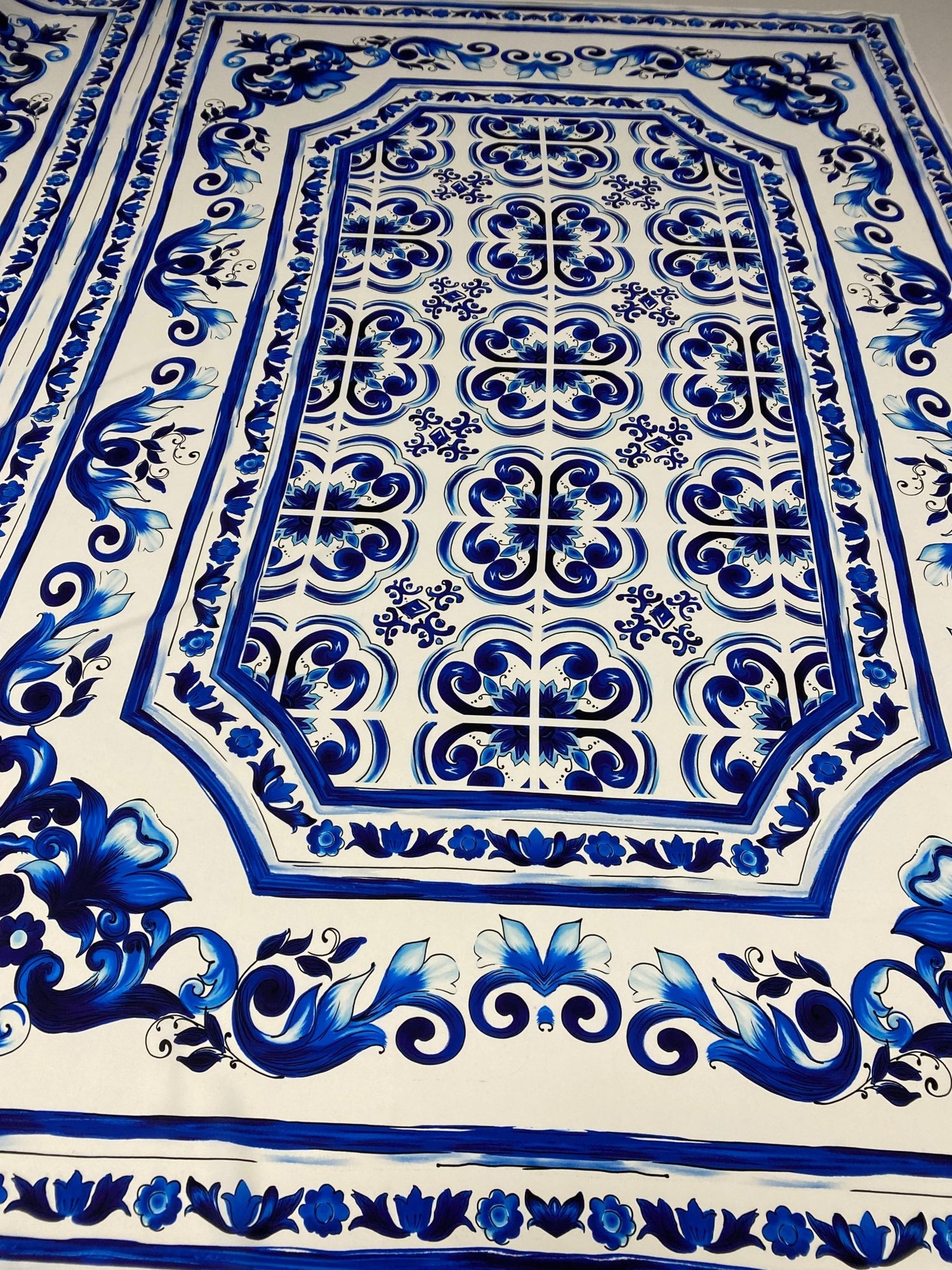 Blue Floral Tile Crepe Fabric by the Metre – White & Navy Classic - Whotex Online Fabric Store