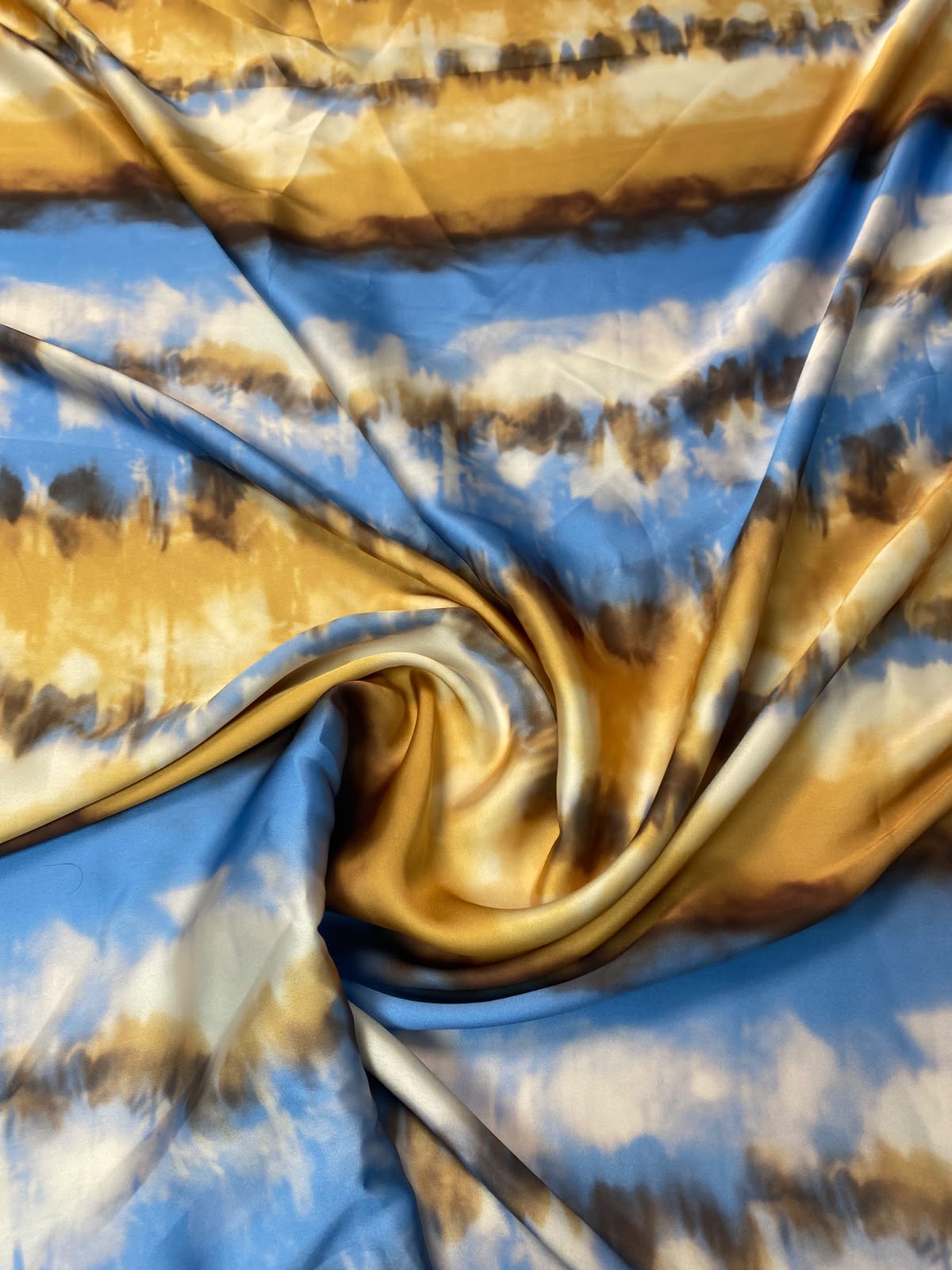 Blue Gold Tie-Dye Satin Fabric by the Metre - Whotex Fabrics London