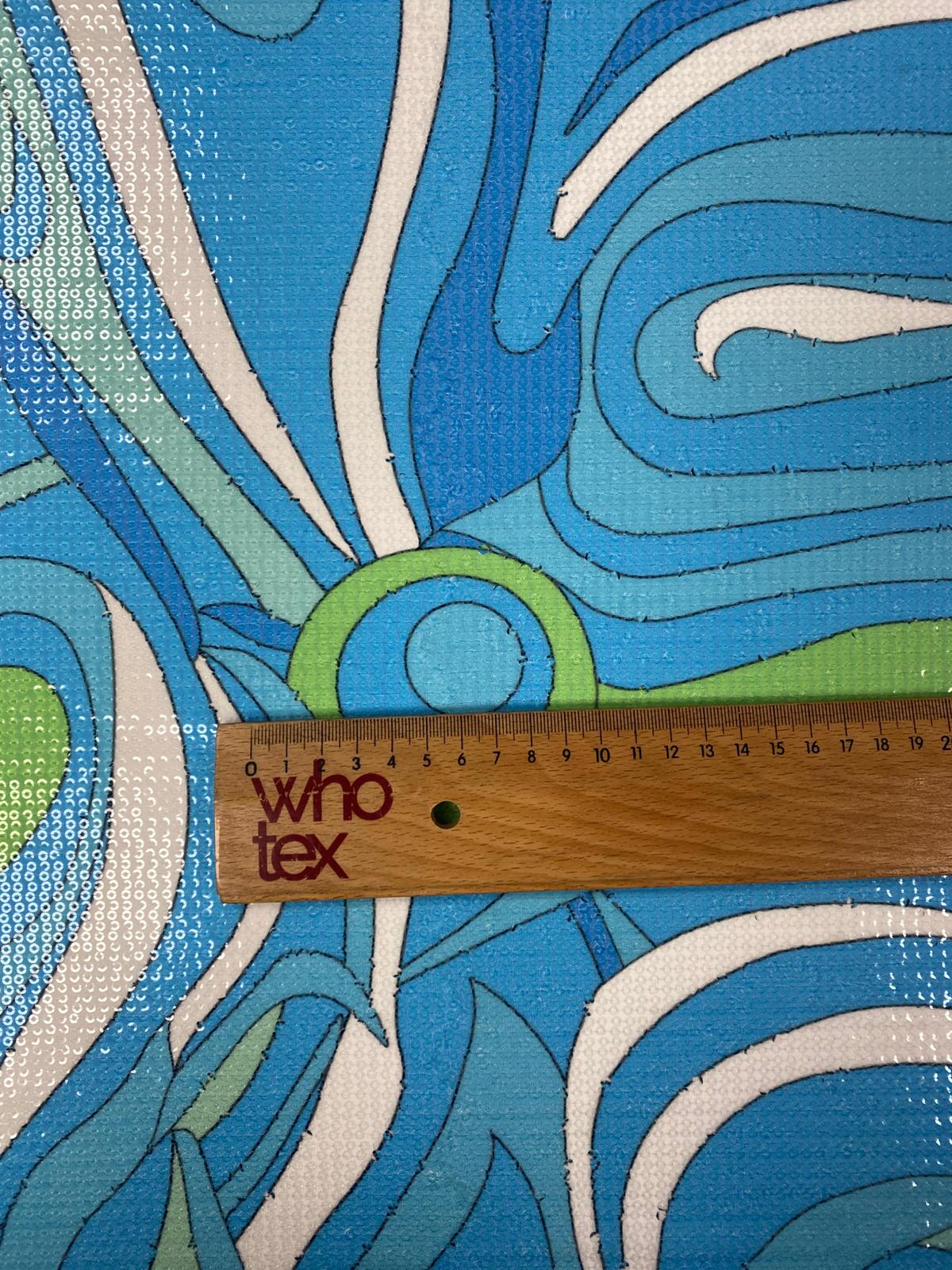Blue Green Wave Sequin Fabric by the Metre - Whotex Fabrics London