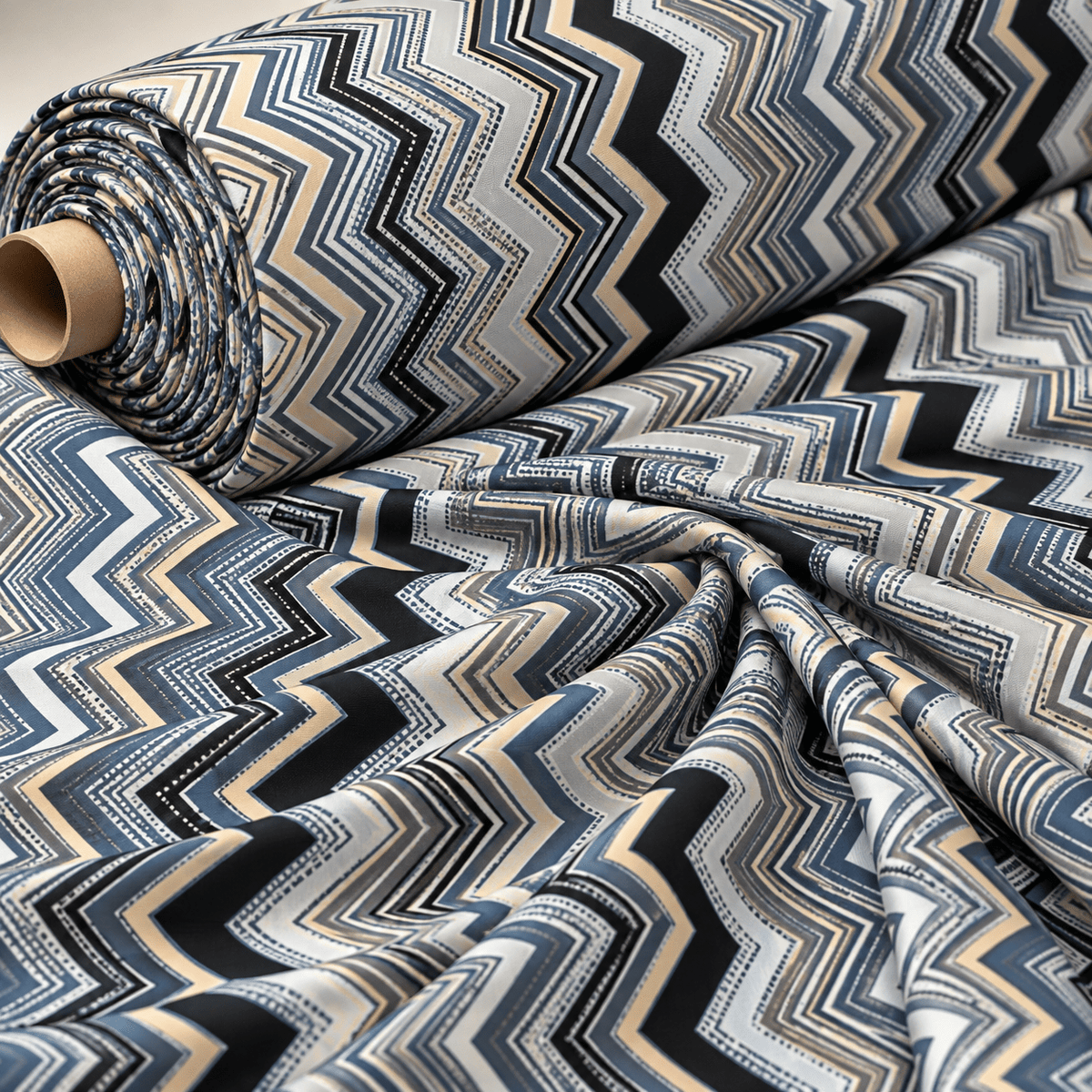 Blue Grey Zigzag Pattern Fabric by the Metre - Whotex Fabrics London