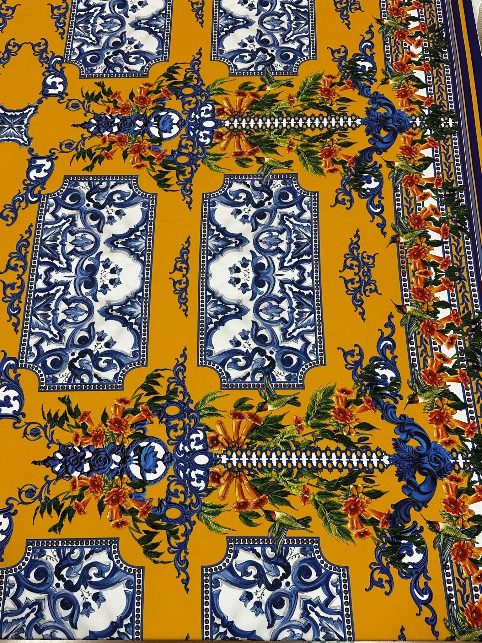 Blue Majolica Baroque Patterns and Floral Accents, Elegant Mustard Yellow Fabric – Luxury Upholstery, Dressmaking Fabric - Whotex Online Fabric Store