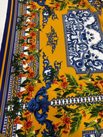 Blue Majolica Baroque Patterns and Floral Accents, Elegant Mustard Yellow Fabric – Luxury Upholstery, Dressmaking Fabric - Whotex Online Fabric Store