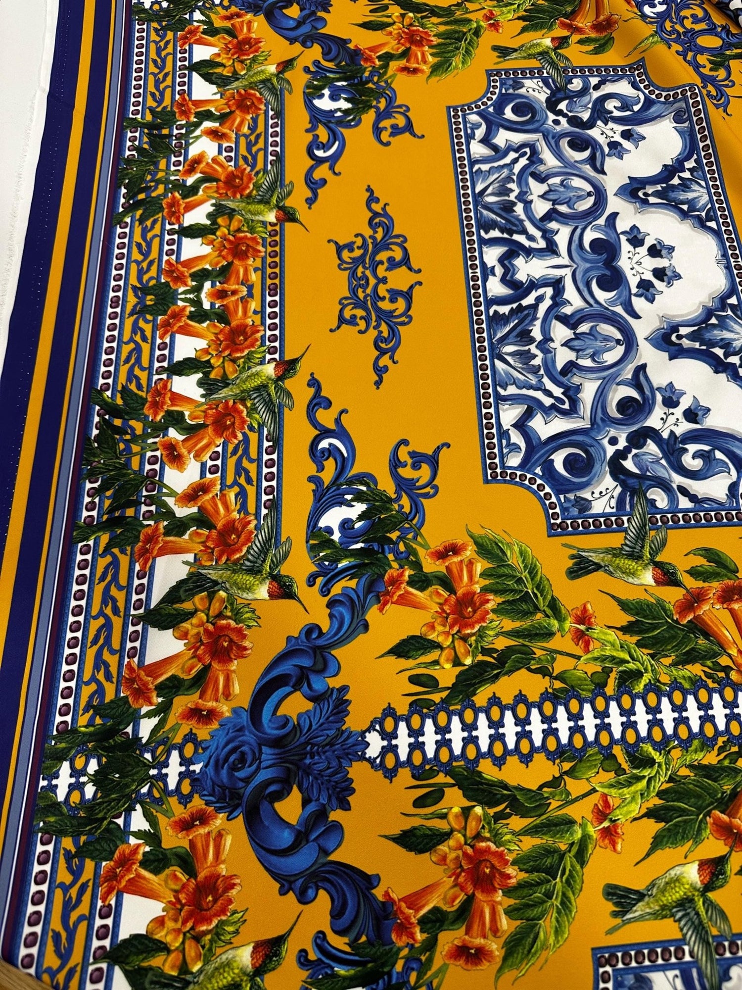 Blue Majolica Baroque Patterns and Floral Accents, Elegant Mustard Yellow Fabric – Luxury Upholstery, Dressmaking Fabric - Whotex Online Fabric Store