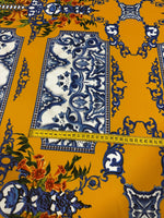 Blue Majolica Baroque Patterns and Floral Accents, Elegant Mustard Yellow Fabric – Luxury Upholstery, Dressmaking Fabric - Whotex Online Fabric Store