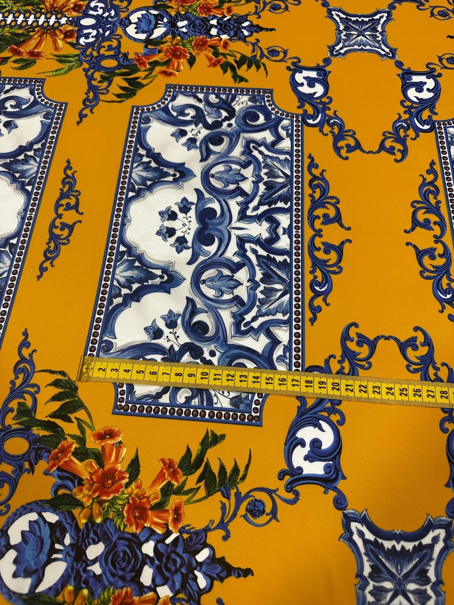 Blue Majolica Baroque Patterns and Floral Accents, Elegant Mustard Yellow Fabric – Luxury Upholstery, Dressmaking Fabric - Whotex Online Fabric Store