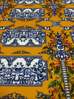 Blue Majolica Baroque Patterns and Floral Accents, Elegant Mustard Yellow Fabric – Luxury Upholstery, Dressmaking Fabric - Whotex Online Fabric Store