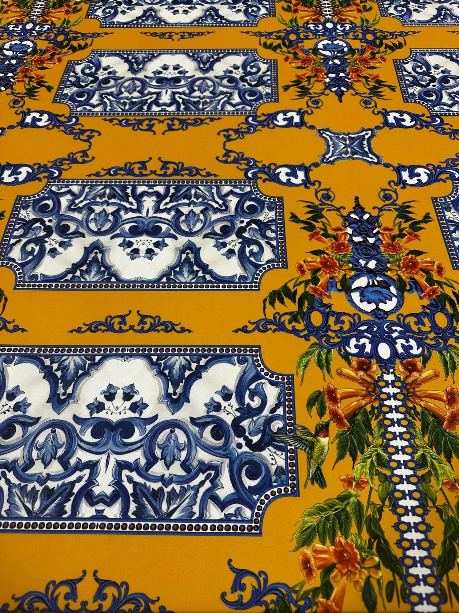 Blue Majolica Baroque Patterns and Floral Accents, Elegant Mustard Yellow Fabric – Luxury Upholstery, Dressmaking Fabric - Whotex Online Fabric Store