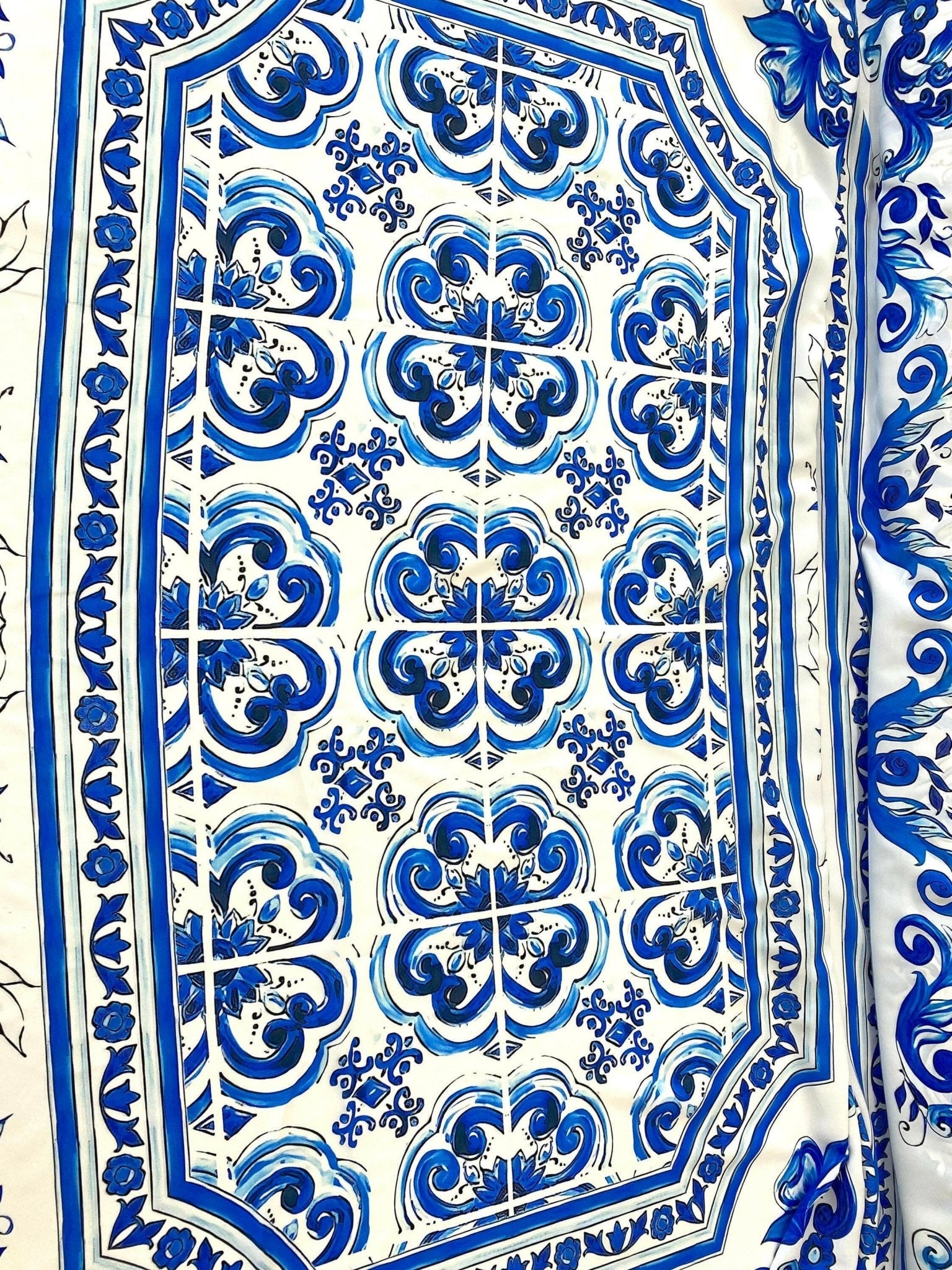 Blue Majolica fabric, Sicilian print Silky Crepe Fabric , , Panel Fabric 150*100cm // 1.64 * 1.09 yard - Whotex