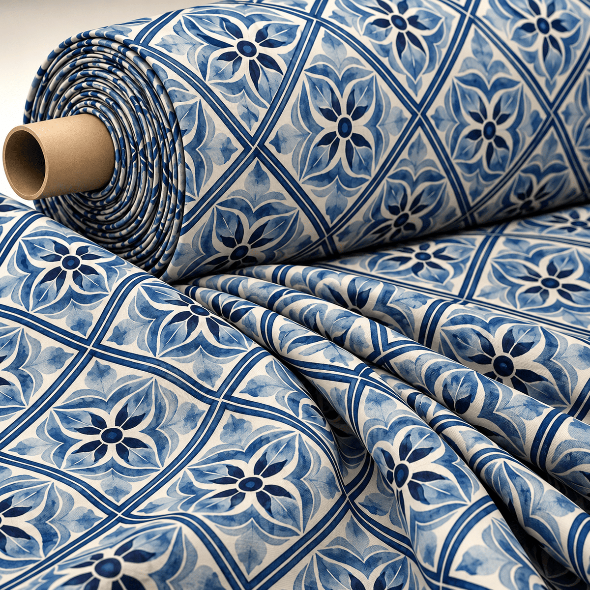 Blue Mediterranean Tile Pattern Fabric by Metre - Whotex Fabrics London